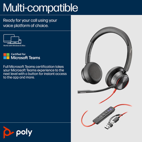 POLY Blackwire 8225 Stereo Microsoft Teams Certified USB-C Headset +USB-C/A Adapter POLY Blackwire 8225 Stereo Microsoft Teams Certified USB-C Headset +USB-C/A Adapter